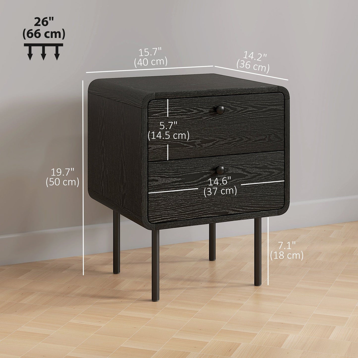 Nightstand Set of 2 with Drawer and Steel Legs - Black Wood Grain