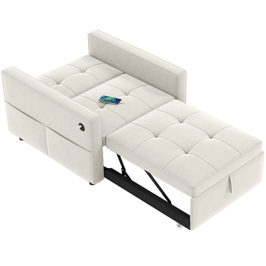 Convertible Pull-Out Sleeper Chair Bed with USB - Cream White