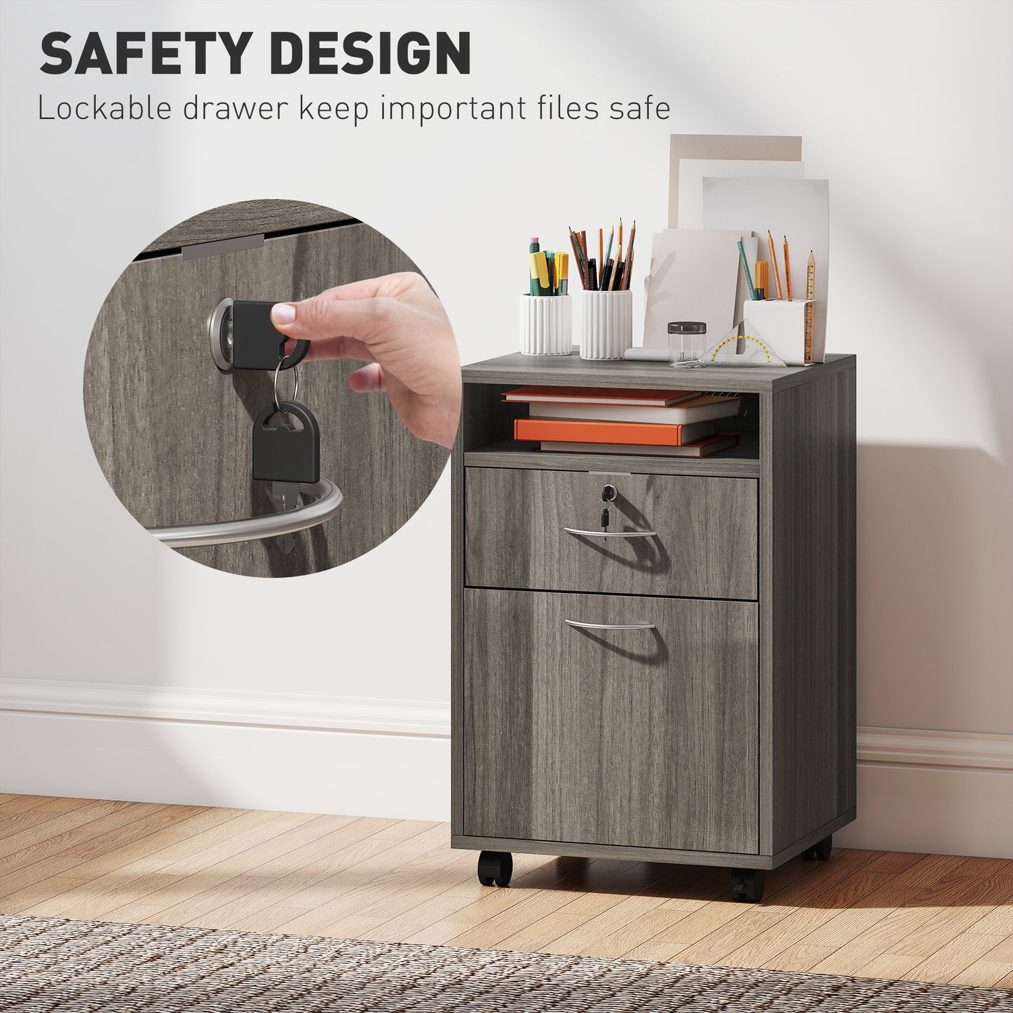 24" Filing Cabinet with Open Compartment, Lockable Drawer and Wheels, Home Office Storage Cabinet, Distressed Grey