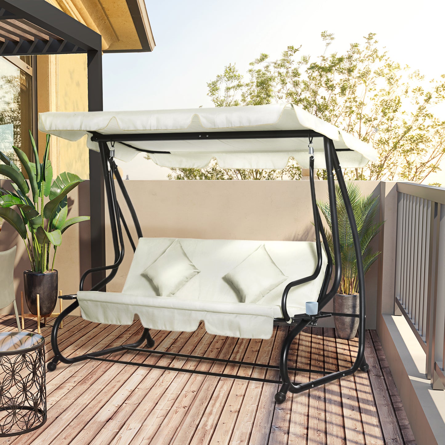3 Seater Patio Swing Chair Convertible Cushioned Bed Outdoor Porch with Canopy and Pillow