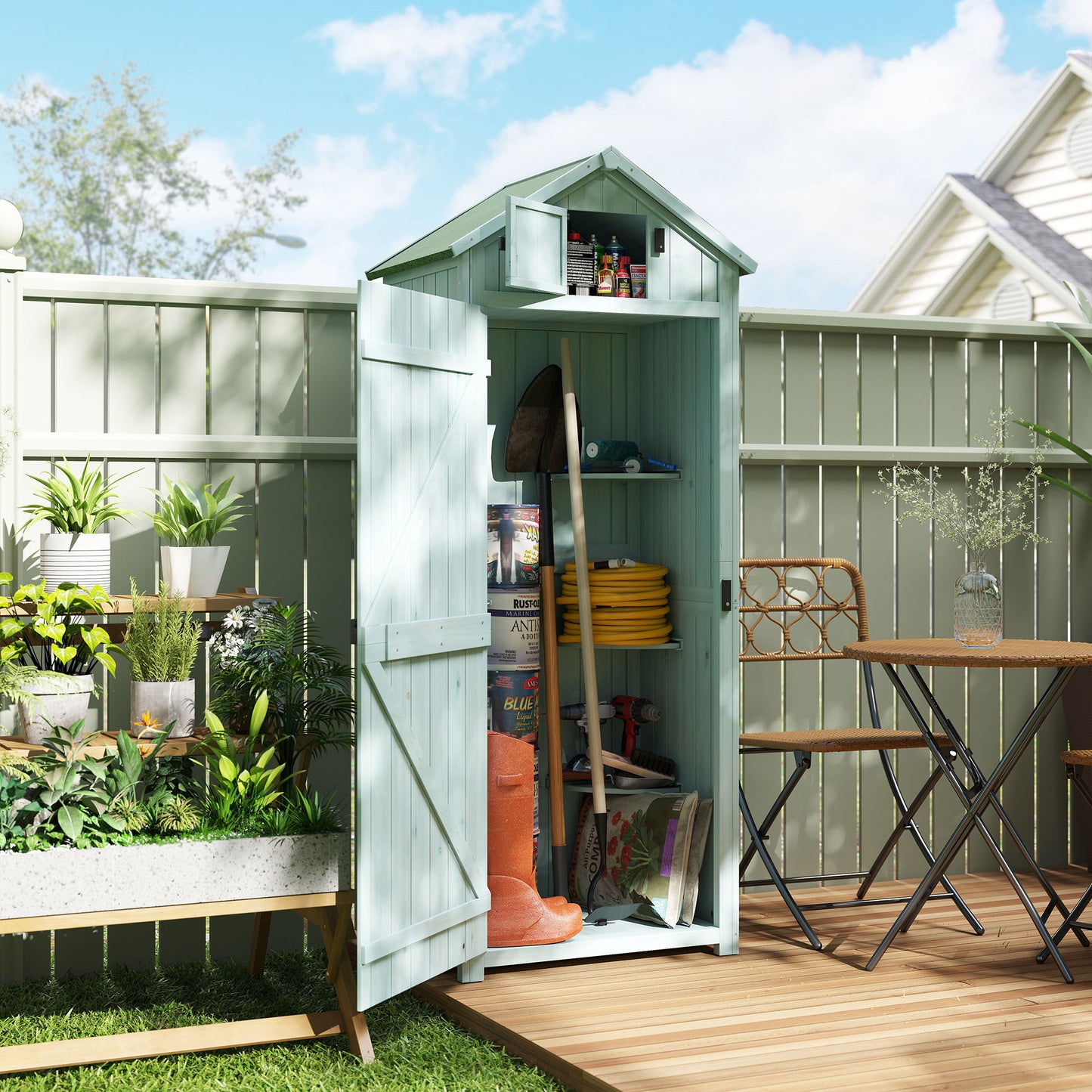 30" x 21" x 71" Garden Storage Shed, Outdoor Tool Utility Storage House with 3 Tier Shelves and Roof, Blue