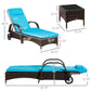 3 Pieces Wicker Patio Lounger Set with Table, PE Rattan Outdoor Lounge Chair Set with Cushions, Wheels, 5-Level Reclining Backrest, Headrest, Brown/Blue