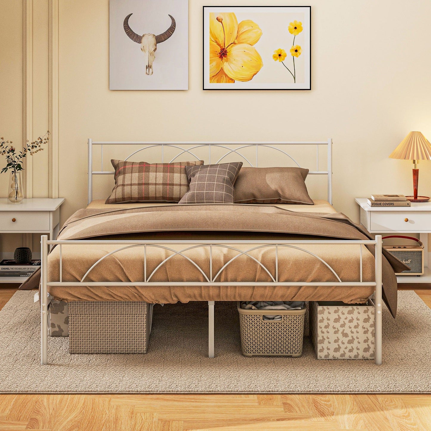 Metal Queen Platform Bed with Headboard and Storage - White