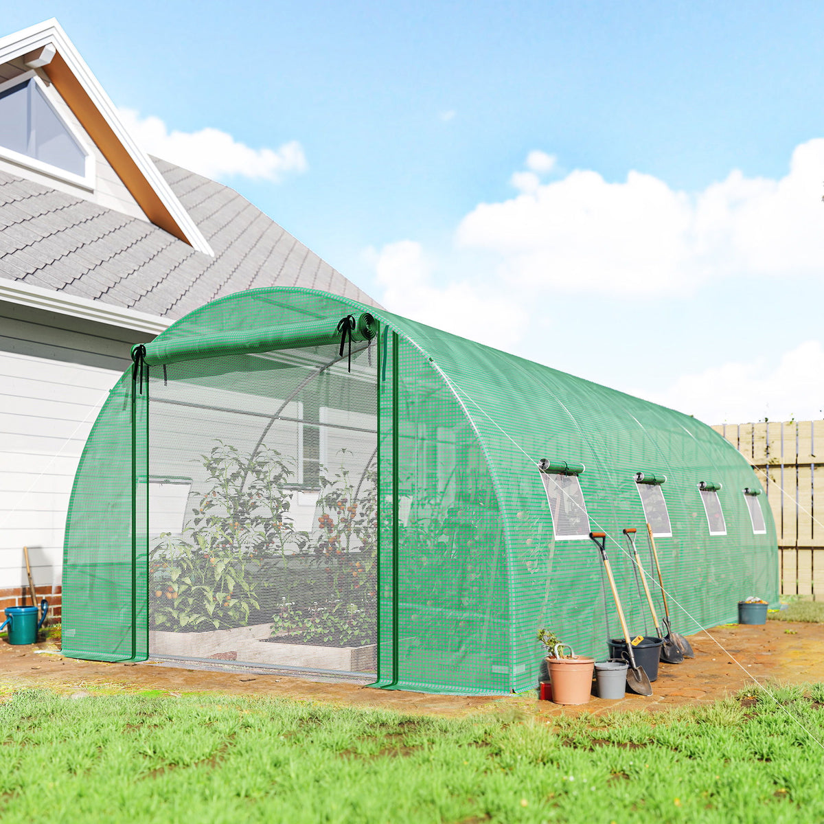 Walk-in Tunnel Greenhouse with 2 Support Rods, Mesh Door, Plant Hot House with PE Cover, 20'x10'x7', Green