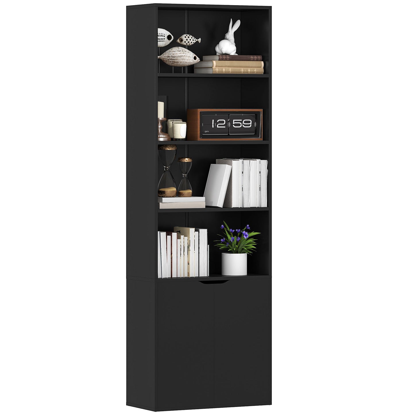 4-Tier Open Bookshelf with Doors Modern Home Office Bookcase Storage Cabinet for Living Room Bathroom Study, Black
