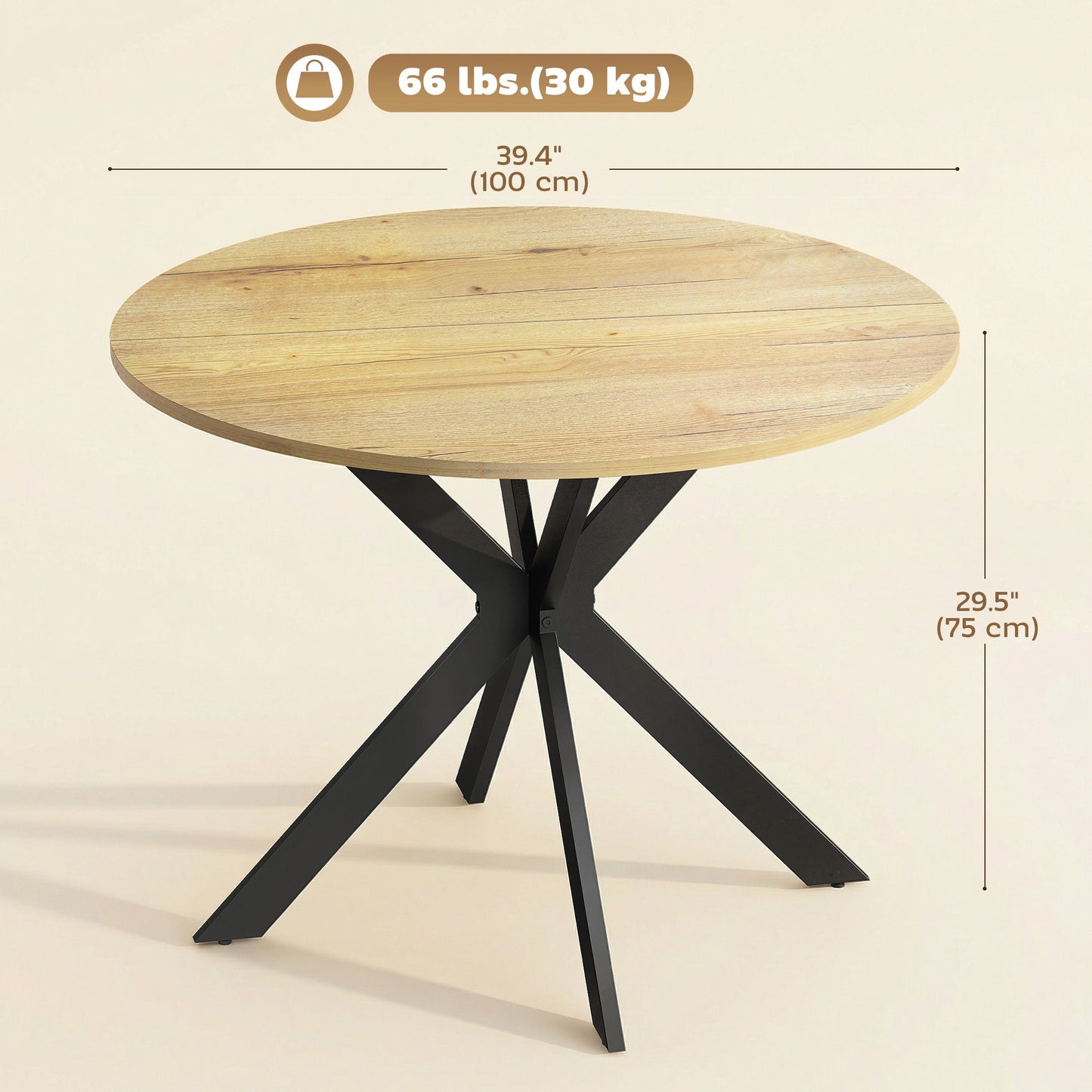 39" Dining Table, Contemporary Round Kitchen Table with Steel Legs, Brown Wood Grain