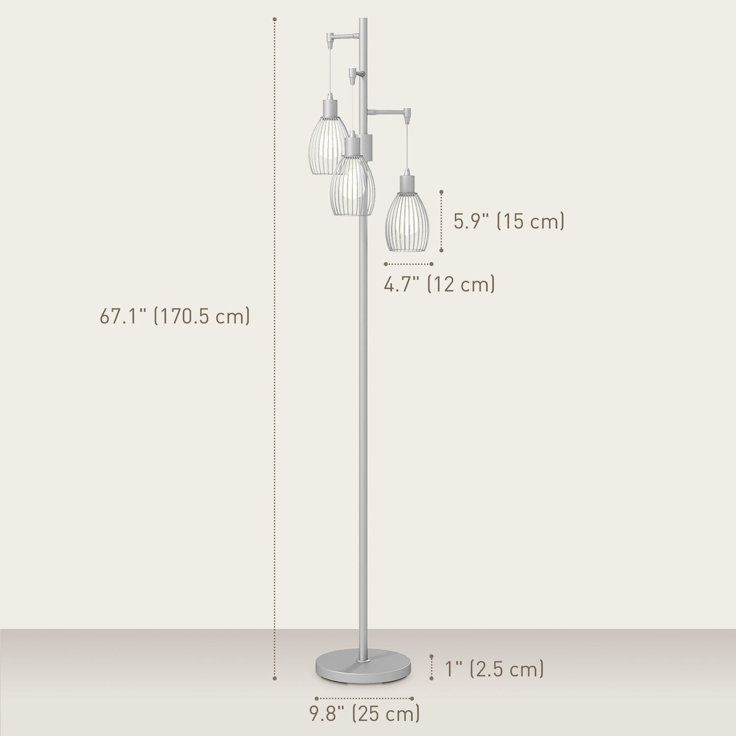 Industrial Floor Lamp with 3 Hanging Wire Lampshades, Dimmable Standing Lamp for Living Room, Silver