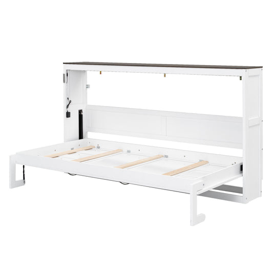 Twin-Size Murphy Bed with LED Light and Foldaway Cabinet, Space-Saving Wall Bed with Desk Conversion, 83" L x 45.5" W x 47" H, Brown+White