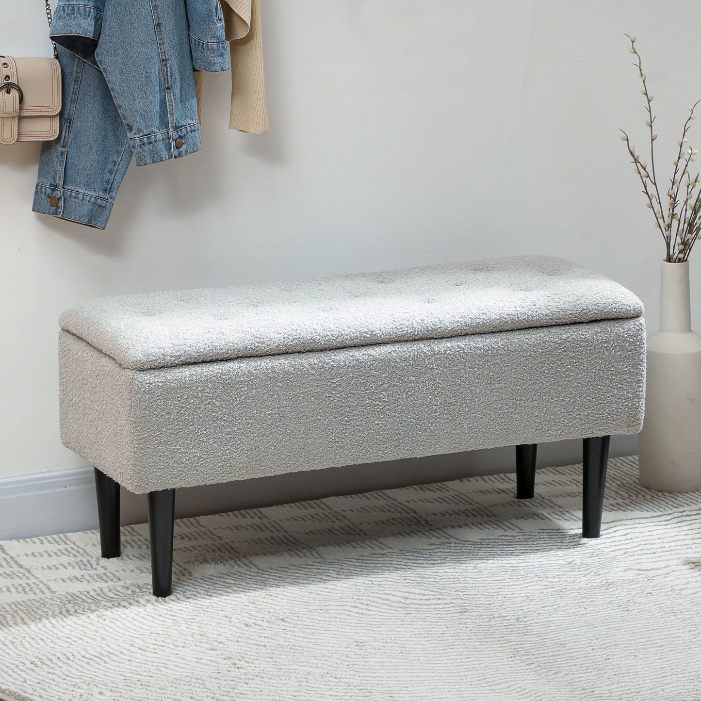 Modern Storage Bench, Ottoman with Storage and Lamb's Wool Upholstery for Living Room, Bedroom, Grey