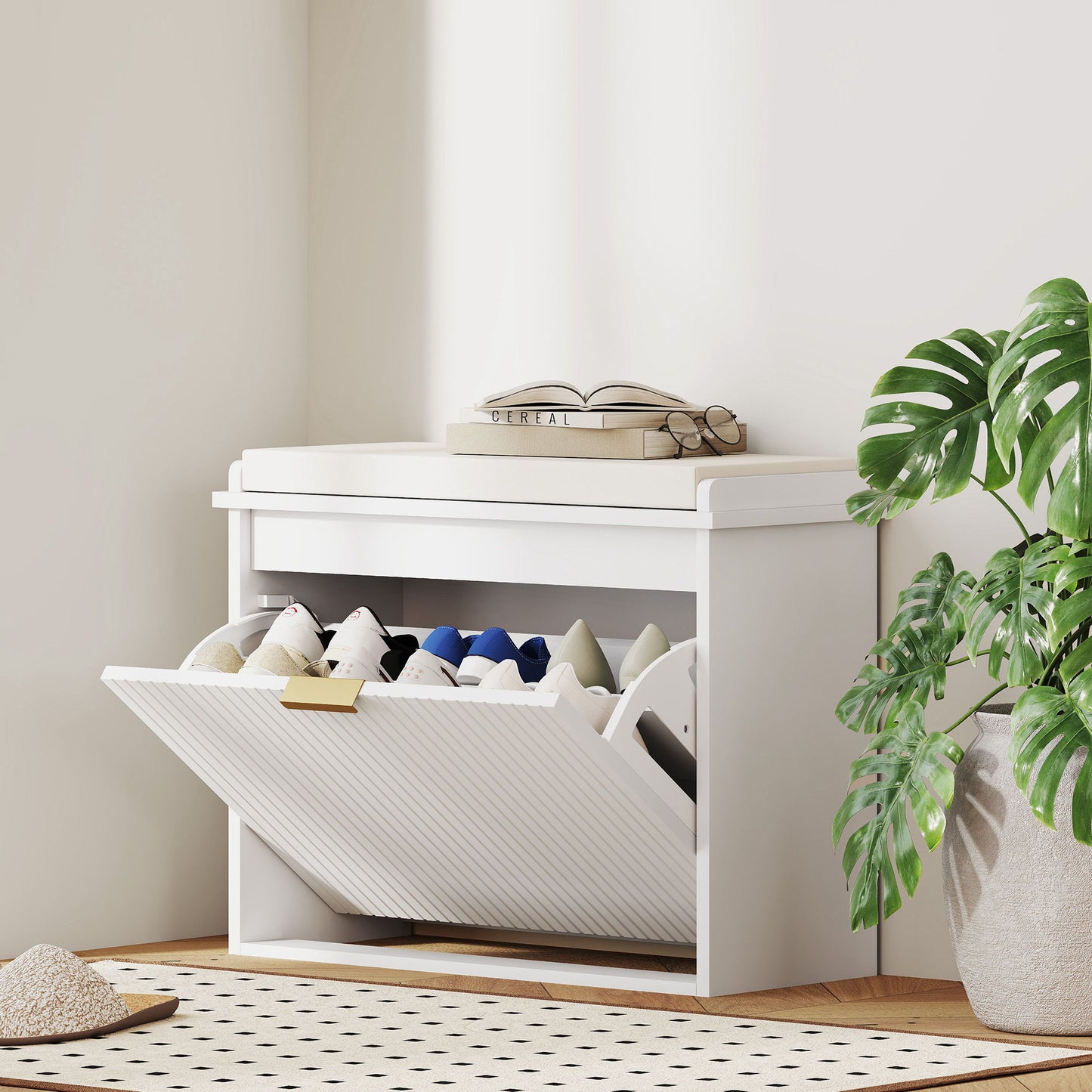 Entryway Bench with Padded Seat and Flip-Drawers, Holds up to 265lbs, Shoe Storage Bench for 6 Pairs of Shoes, White