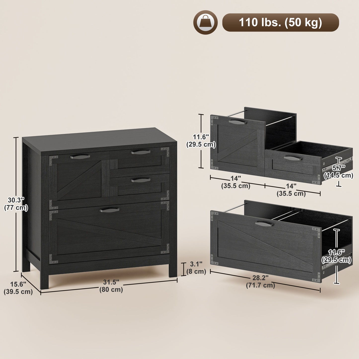 Lateral Filing Cabinet, Farmhouse File Cabinet with 4 Drawers, Fit Letter/A4/Legal Hanging Files, Black Wood Grain