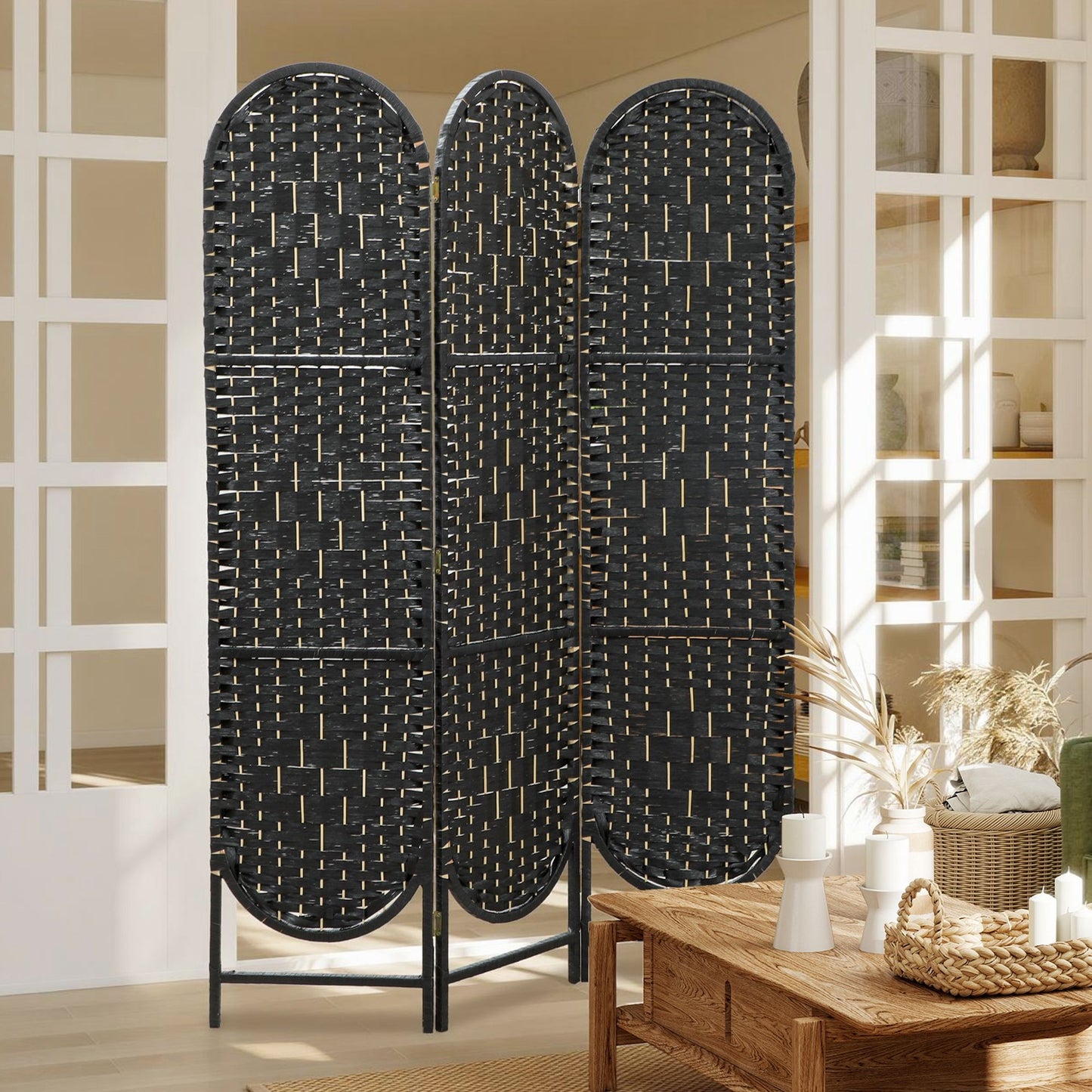 Bohemian Privacy Screen, Folding Room Divider with 3 Panels and Arched Top for Bedroom Living Room Office, Black