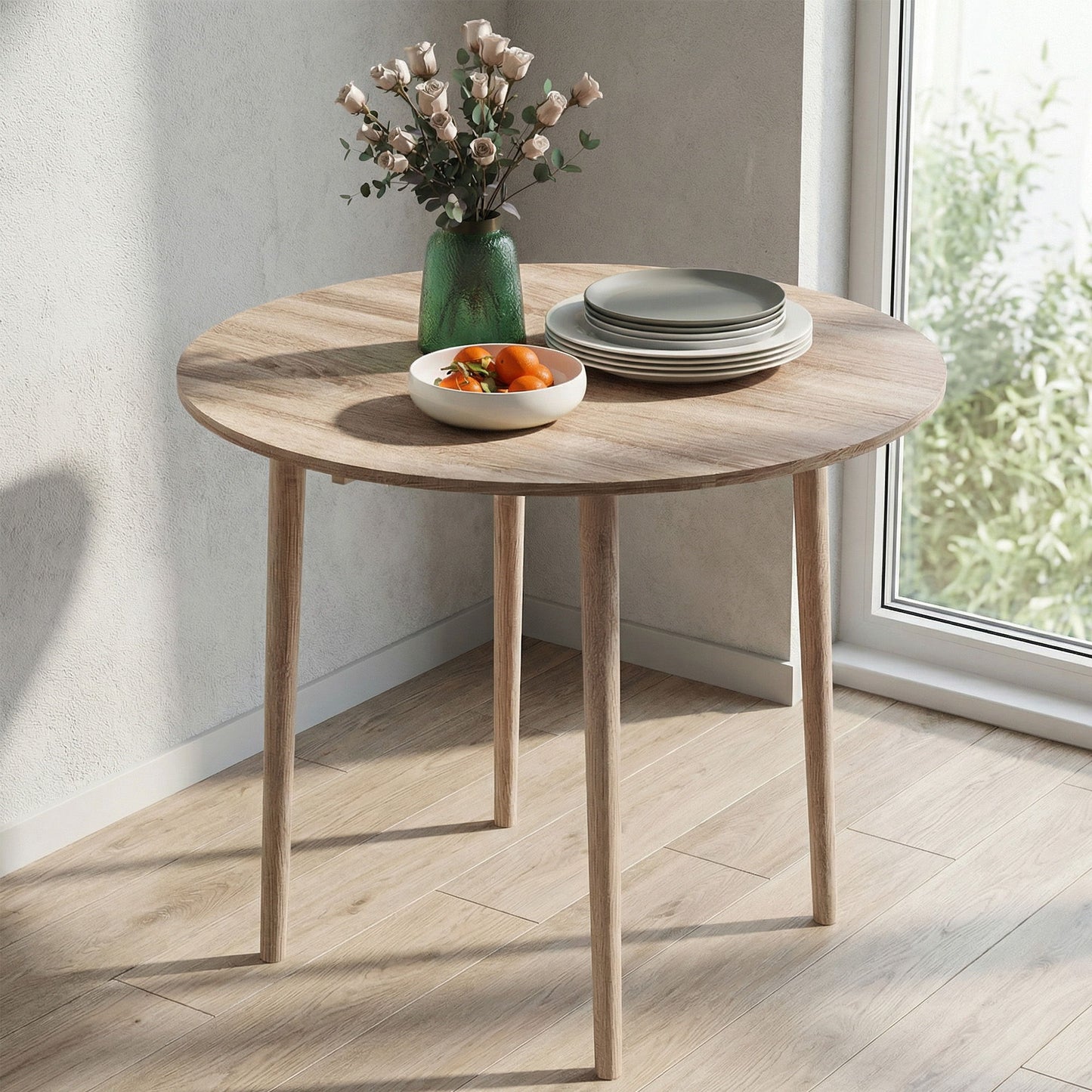 Folding Dining Table, Round Drop Leaf Kitchen Table for Small Spaces with Wood Legs, Oak