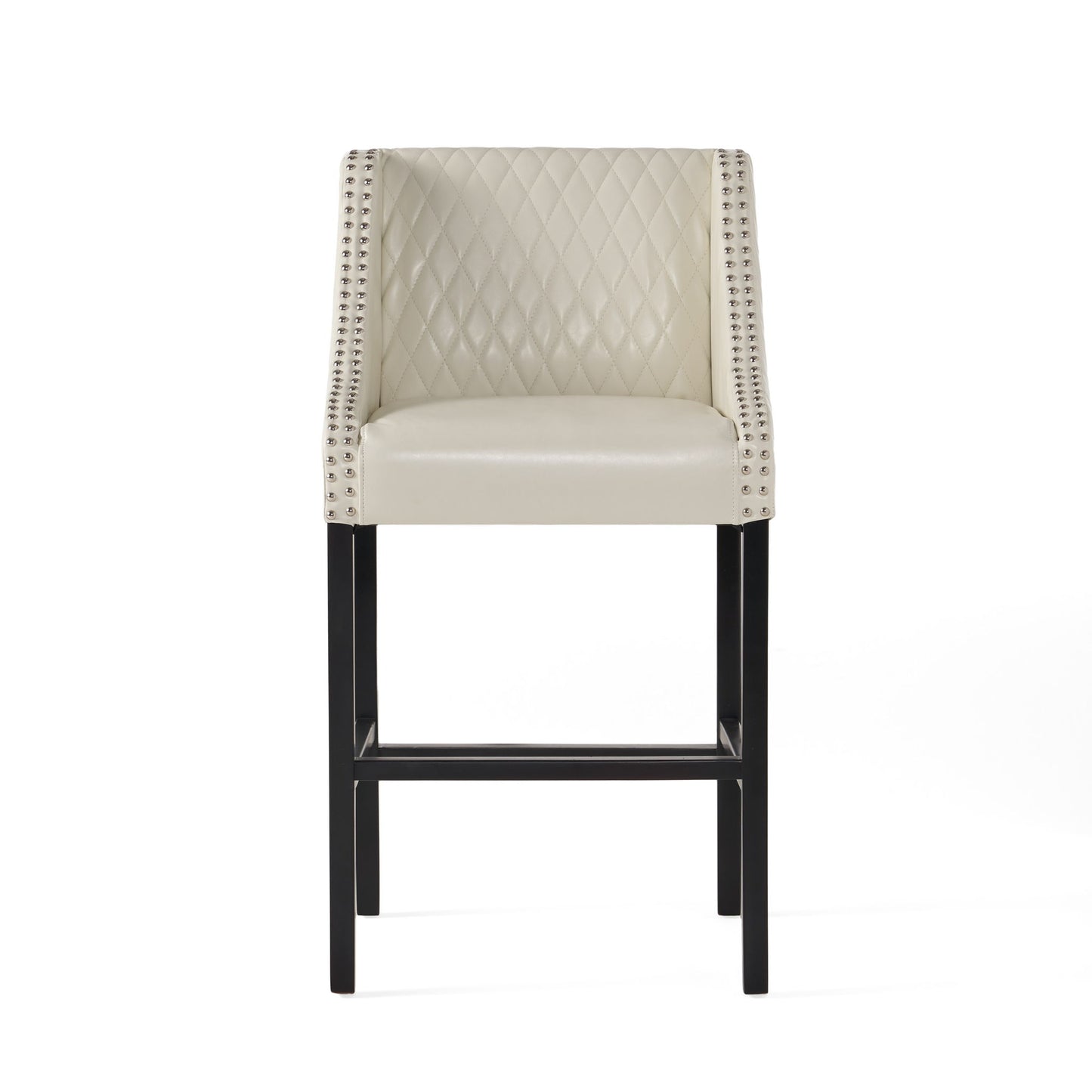 Elegant Barstool with Quilted Bonded Leather, Sturdy Wooden Legs, Curved Armrests, No Assembly Required, 21" L x 22" W x 38.5" H, Ivory