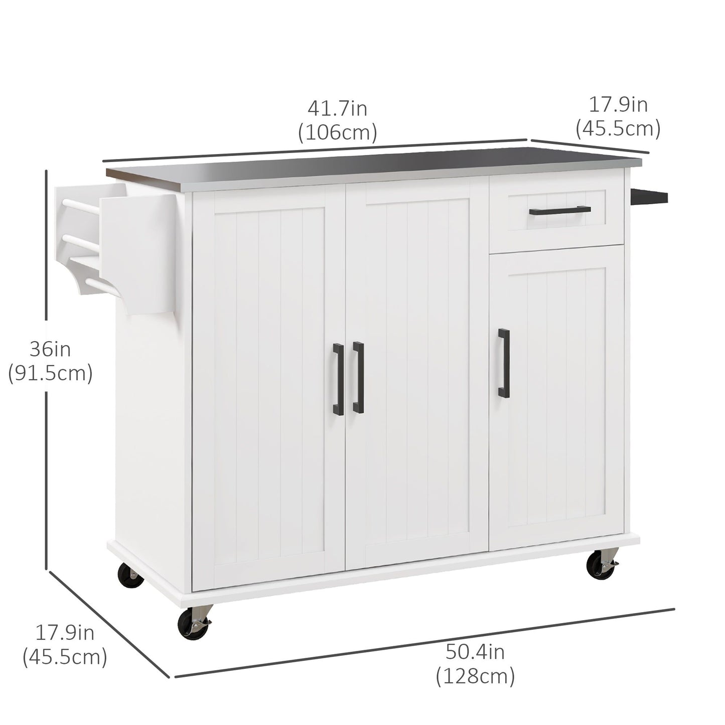 Rolling Kitchen Island with Stainless Steel Top - White