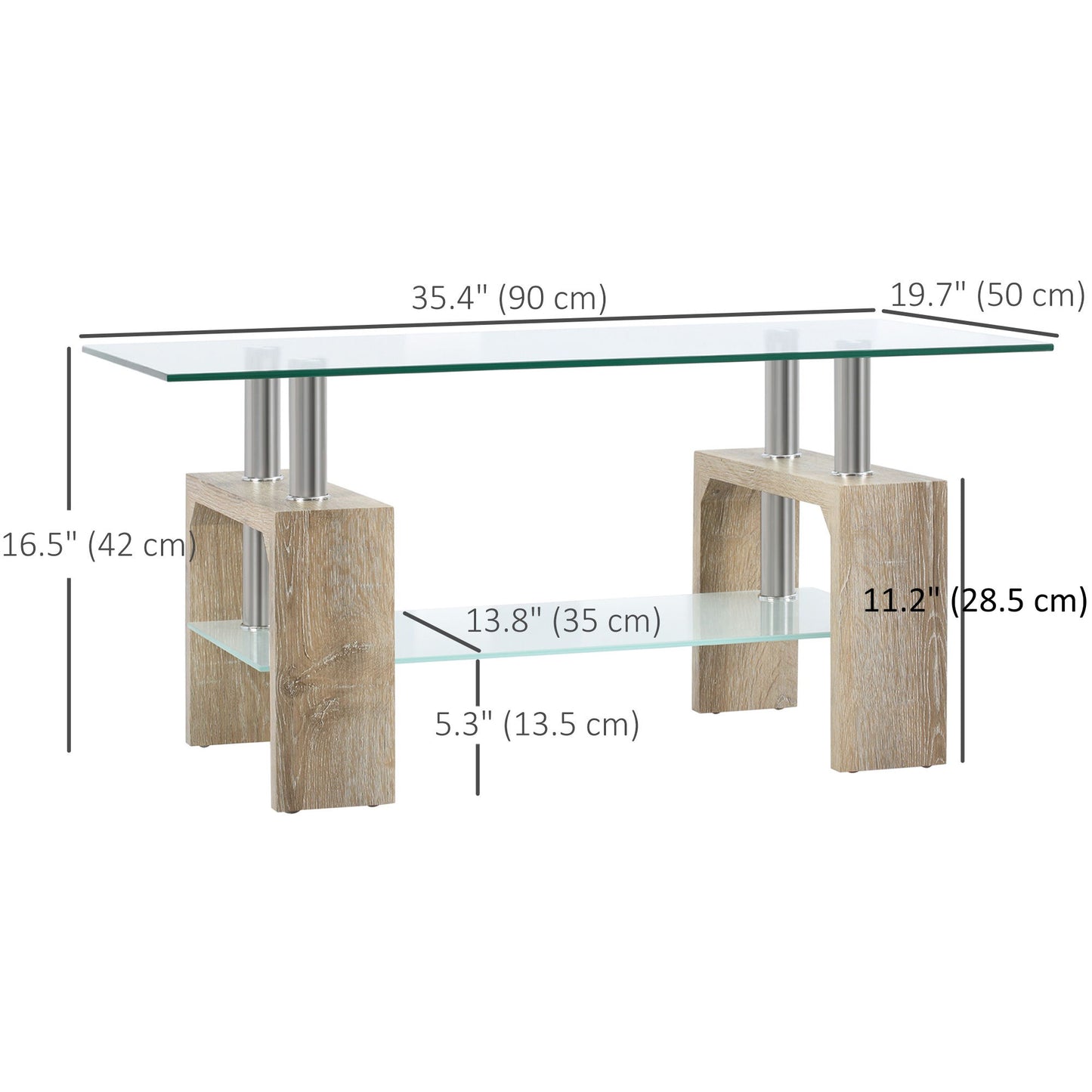 Rectangle Glass Coffee Table, 2-Tier Center Table with Tempered Glass Top and Storage Shelf for Living Room, Natural