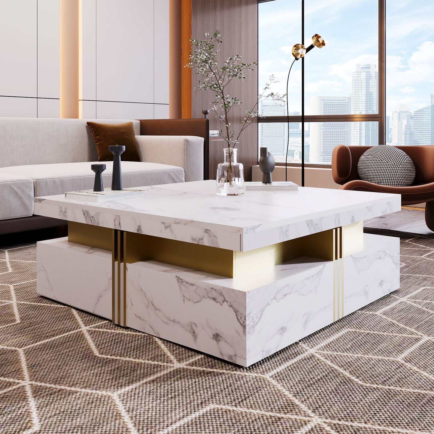 Modern Square Storage Coffee Table with 4 Drawers, MDF Construction, Ample Storage with Four Drawers, 43.5" L x 43.5" W x 16.5" H, White