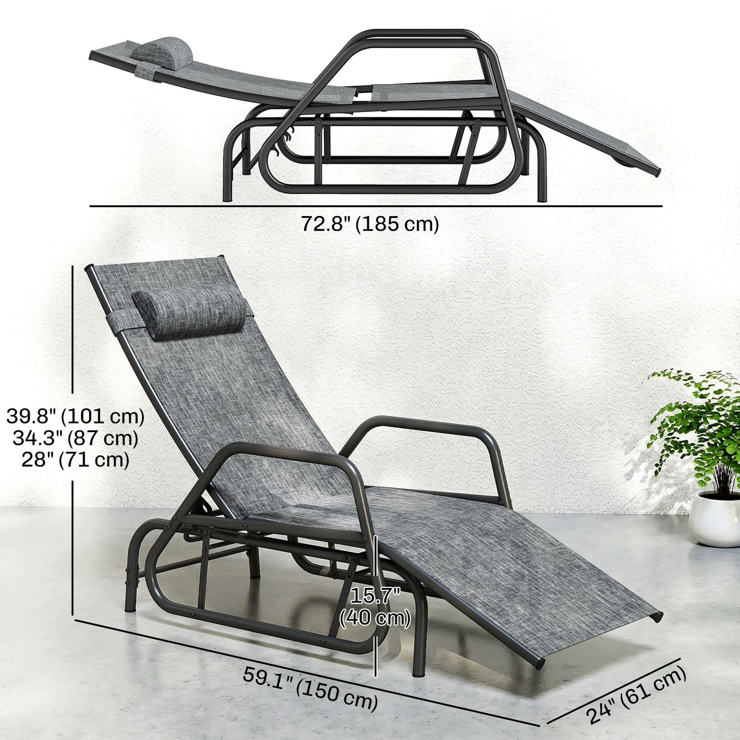 Outdoor Glider Lounge Chair, 3-Position Adjustable Tanning Chair Recliner with Headrest for Garden, Yard, Pool, Grey