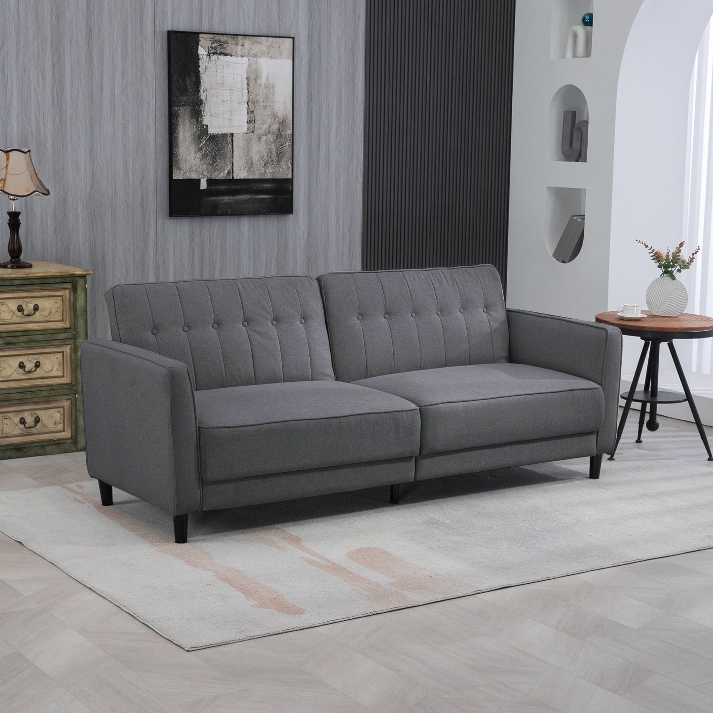 Convertible Bed with Couch, Button Tufted Fabric Sofa Bed with Adjustable Back for Living Room, Charcoal Grey