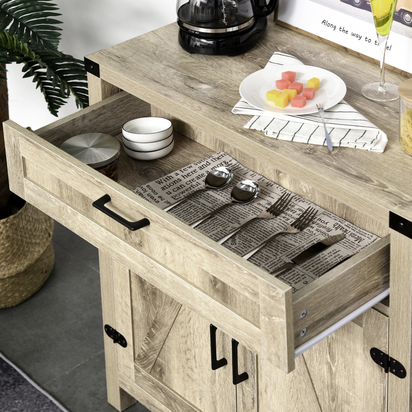 Farmhouse Kitchen Storage Cabinet, Sideboard Buffet Cabinet with 2 Rustic Barn Doors and Drawer, Oak
