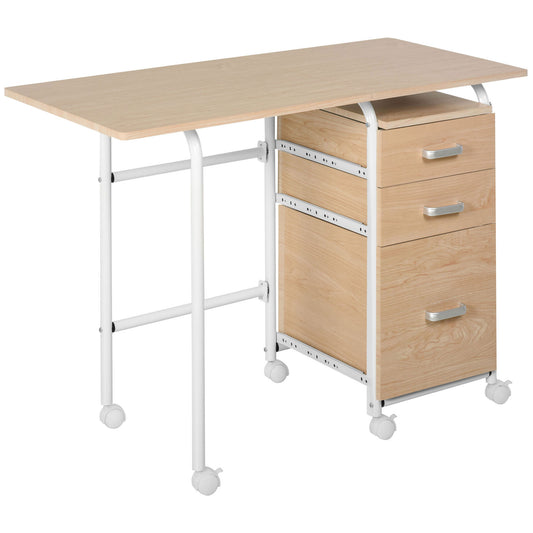 Foldable Computer Desk with Drawers and Wheels - Natural