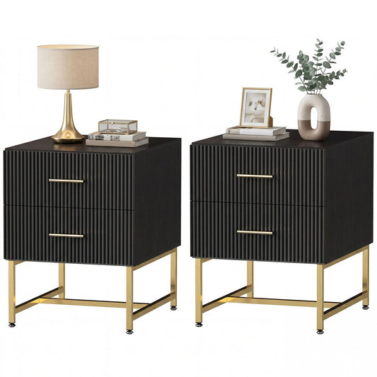 2 Pieces Nightstands with Storage, Modern Bedside Tables with 2 Fluted Drawers and Gold Legs for Bedroom, Black