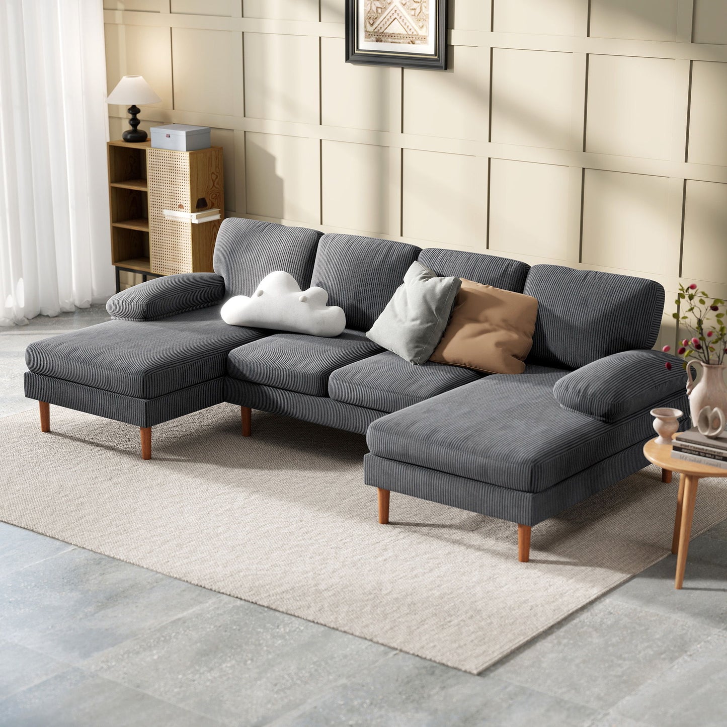 U Shape Couch with Double Chaise Lounge, Modern 4 Seater Sofa with Wooden Legs, Fabric Sofa for Living Room, Dark Grey