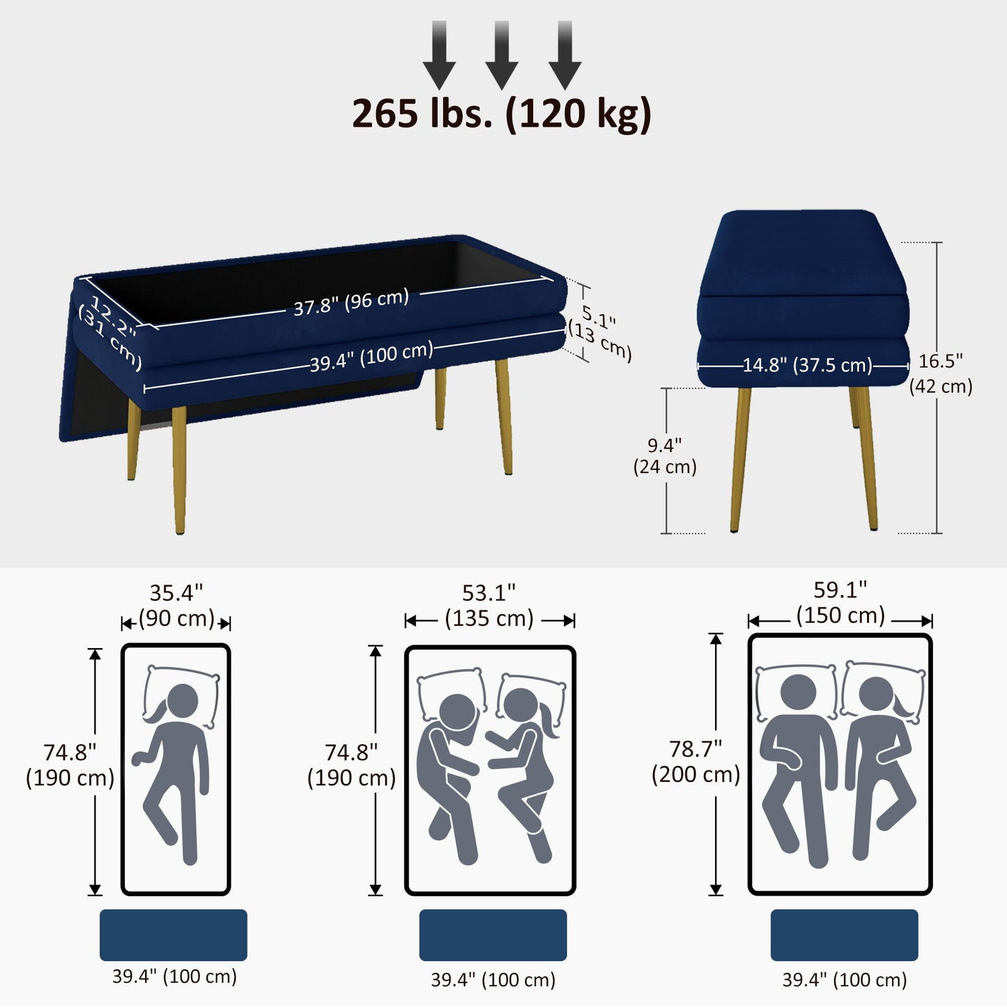 39" Storage Ottoman, Velvet End of Bed Bench with Steel Legs, Foot Stool with Storage for Bedroom, Living Room