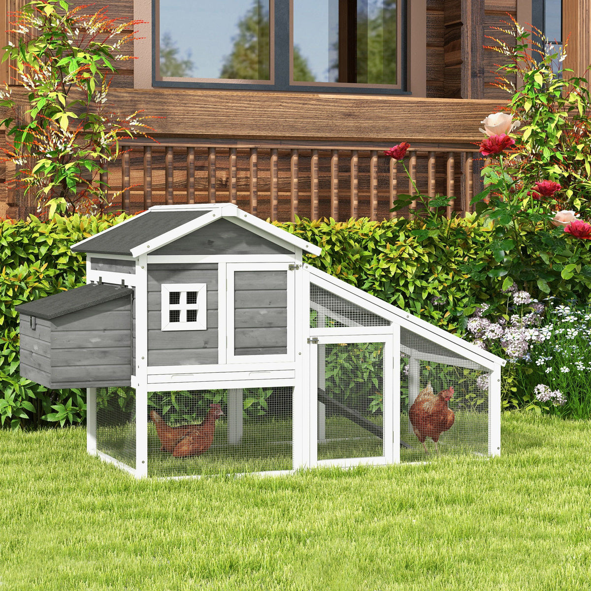 69" Wooden Chicken Coop with Run, Nesting Box, Tray, Grey