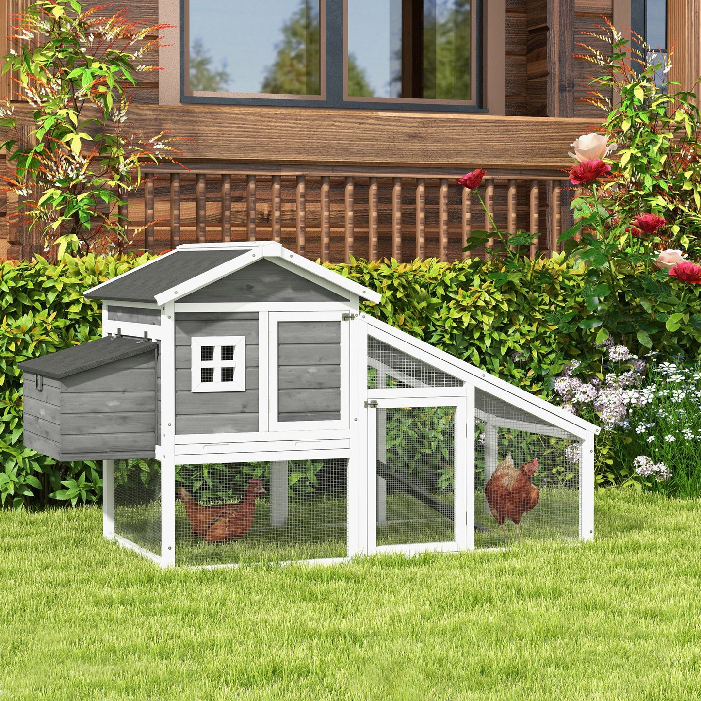 69" Wooden Chicken Coop with Run, Nesting Box, Tray, Grey