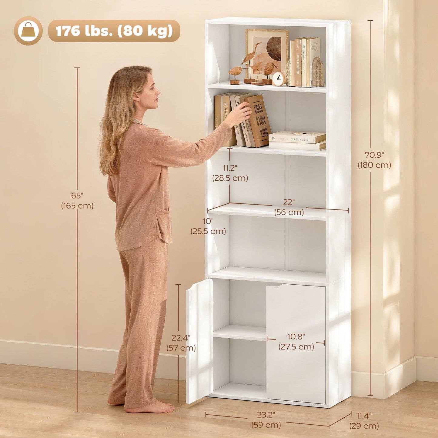 4-Tier Bookshelf with Doors - White