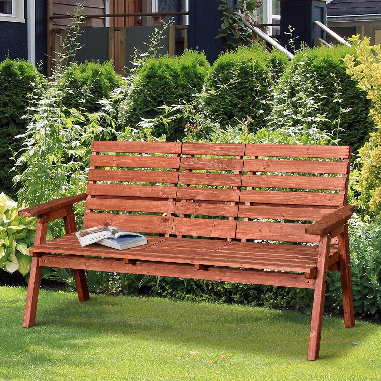 3-Seater Outdoor Bench with Convertible Middle Table, Garden Wooden Patio Loveseat with Middle Table for 2 Persons w/ Slatted Seat and Backrest, Armrests, Orange