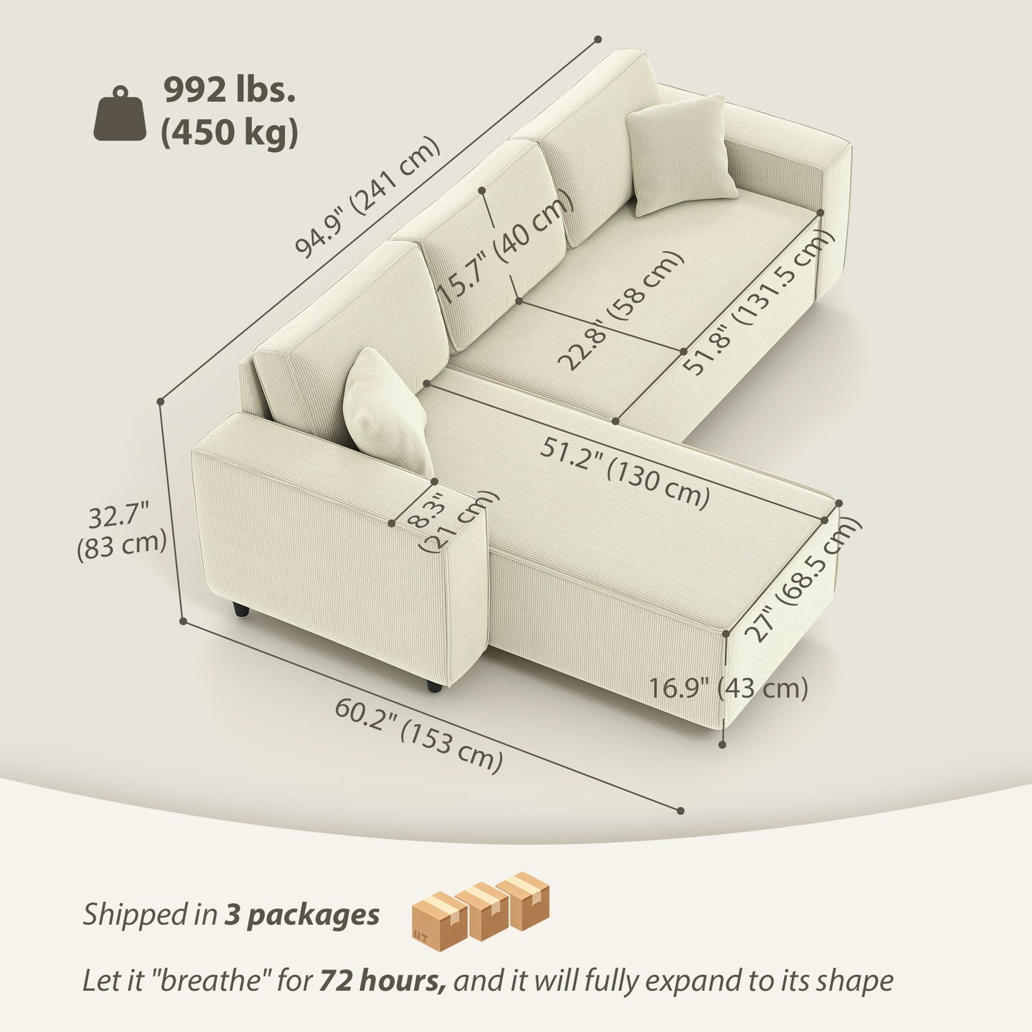 Corner Sofa with Changeable Chaise, Corduroy L-Shaped Sectional Sofa with Pocket Spring, 2 Pillows, Cream White