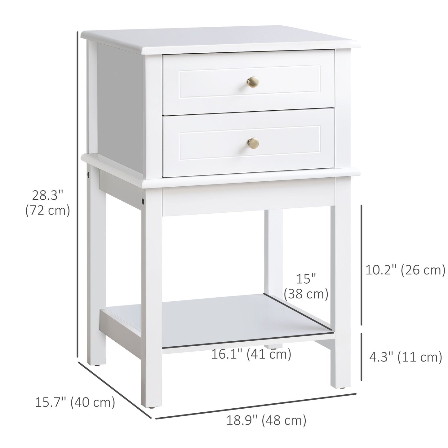 Modern Sofa Side Table, Accent End Table with Drawers and Storage Shelf, Nightstand for Bedroom Living Room, White