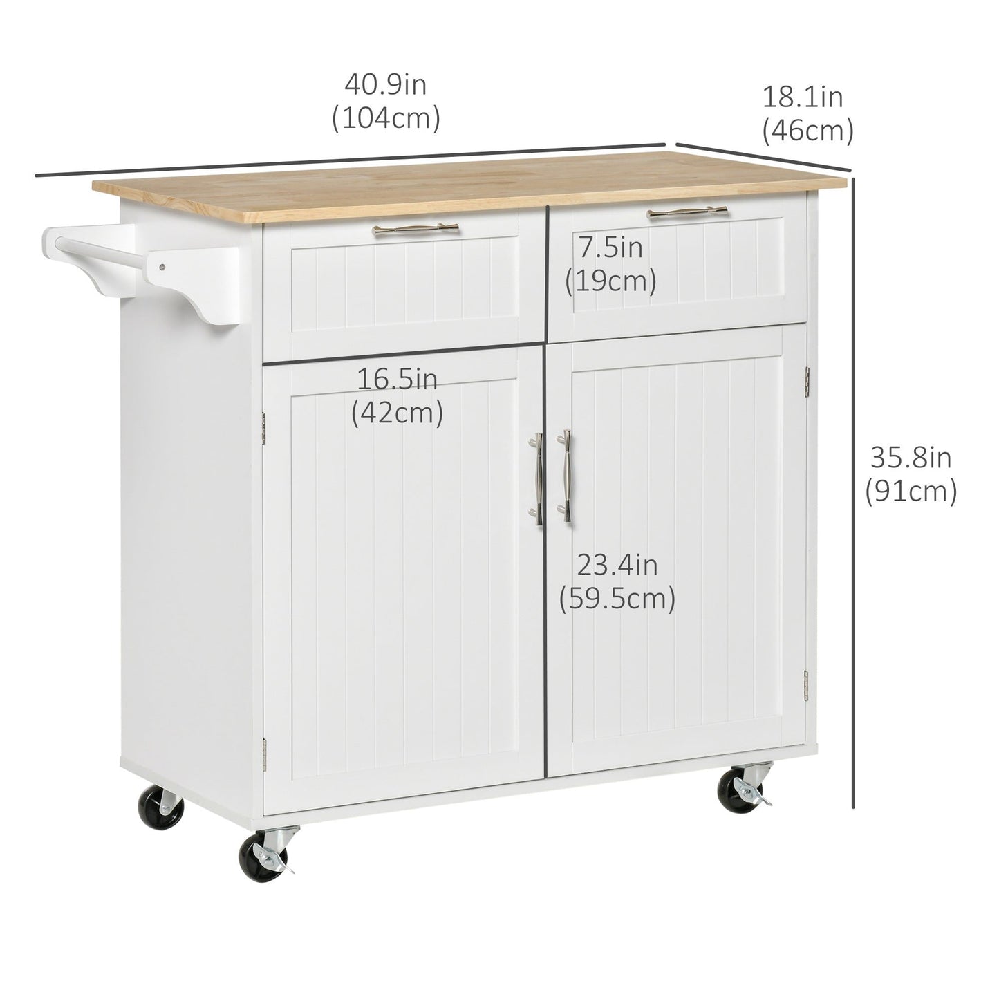 Rolling Kitchen Island with Wood Top and Drawers - White