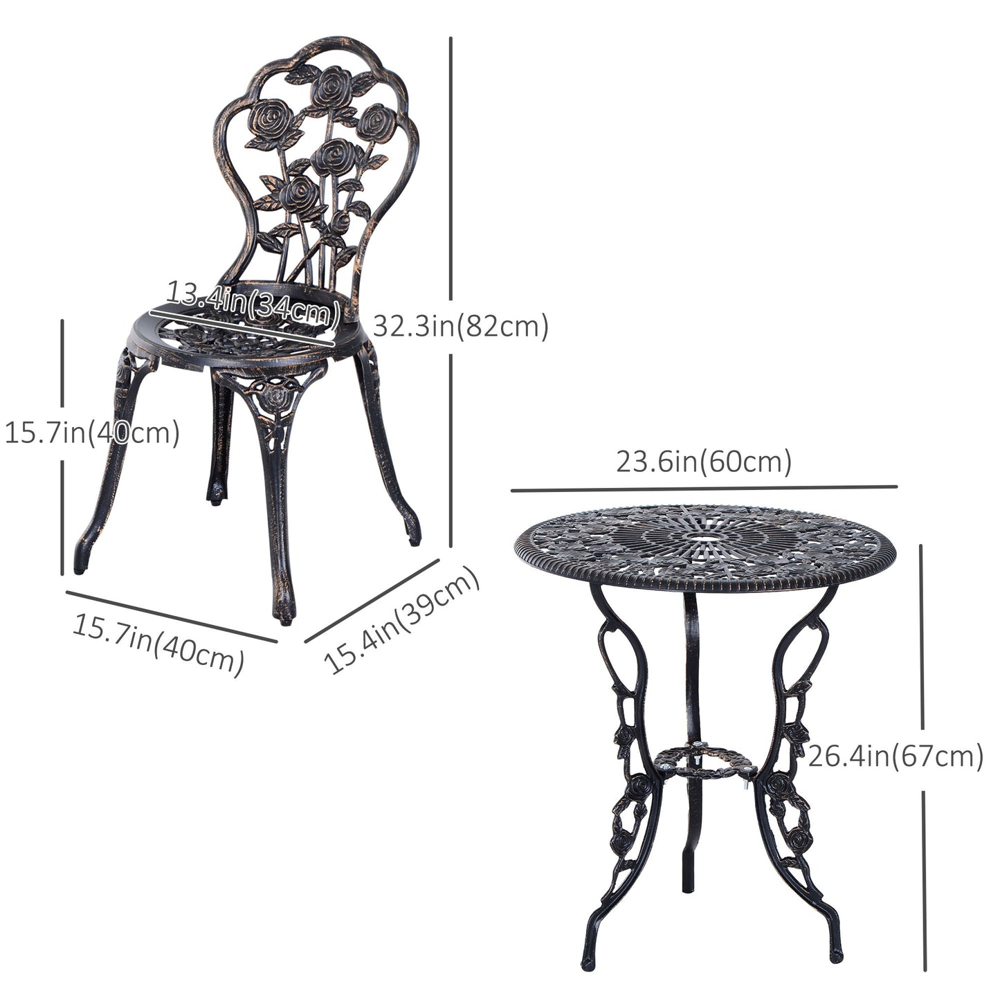3 Pieces Aluminum Bistro Set, Bistro Table Set Outdoor Patio Furniture with Umbrella Hole, Patio Table and Chairs with Floral Patterns for Garden, Balcony, Porch, Bronze