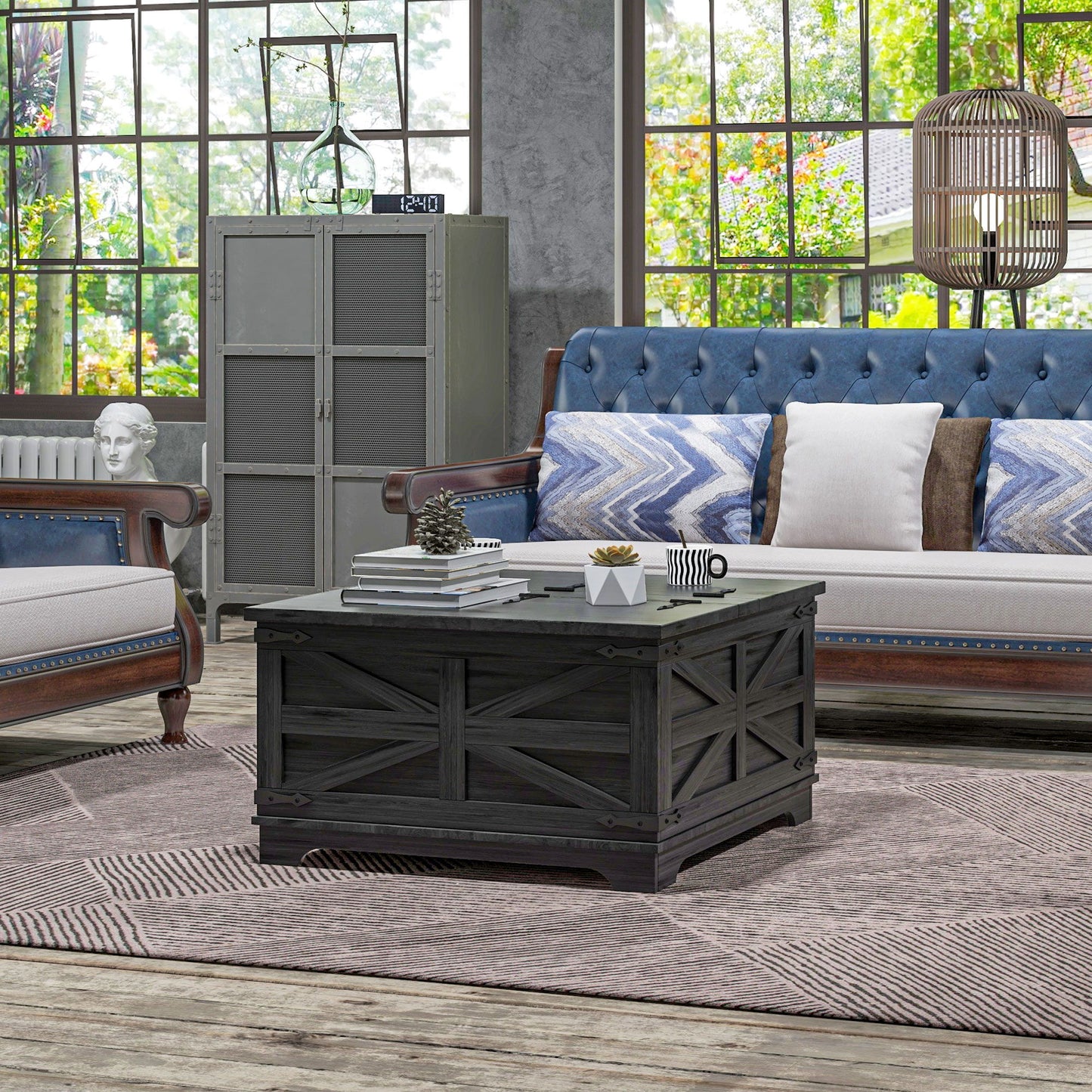 Farmhouse Coffee Table, Square Center Table with Flip-top Lids, Hidden Storage Compartment, Black