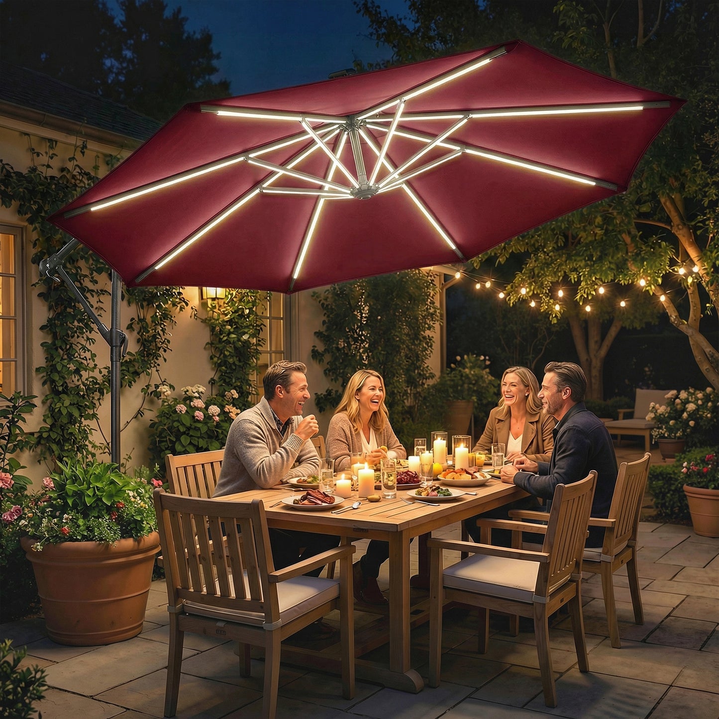 10 ft Offset Patio Umbrella with Solar Light, Garden Hanging Parasol with 360° Rotation, Tilt, Cover, Wine Red