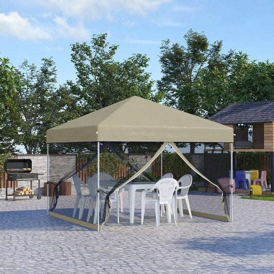 10' x 10' Pop-Up Party Tent Outdoor Canopy Tent with Mesh Sidewalls, 3-Level Adjustable Height, Roller Bag, Beige