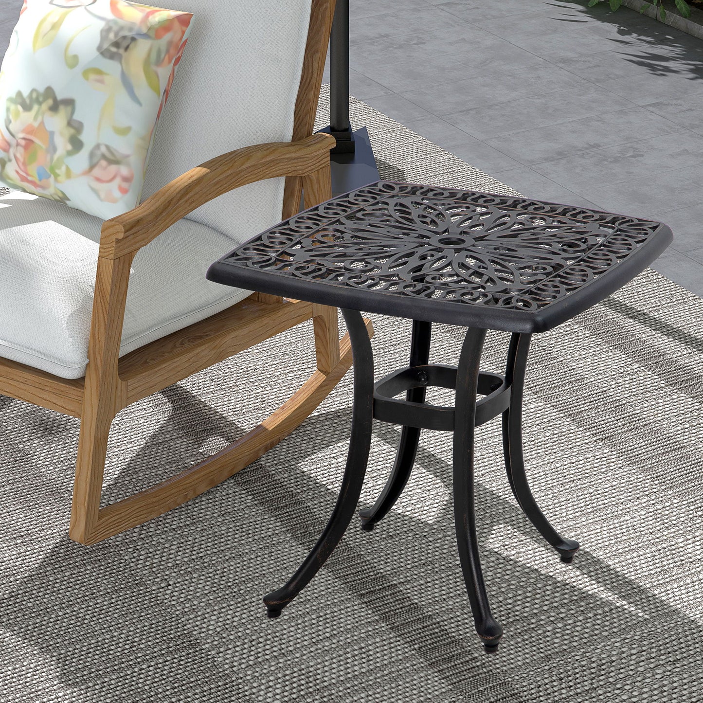 21" Square Outdoor End Table, Cast Aluminum Patio Side Table with Umbrella Hole for Garden, Balcony, Poolside, Bronze