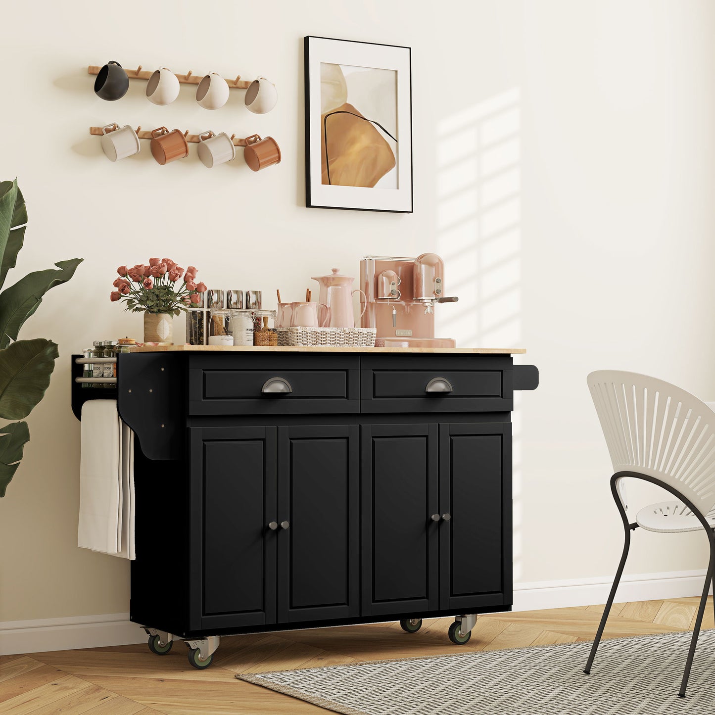 Kitchen Island with Storage, Rolling Kitchen Island with Drop Leaf, Rubber Wood Top and Adjustable Shelves, Black