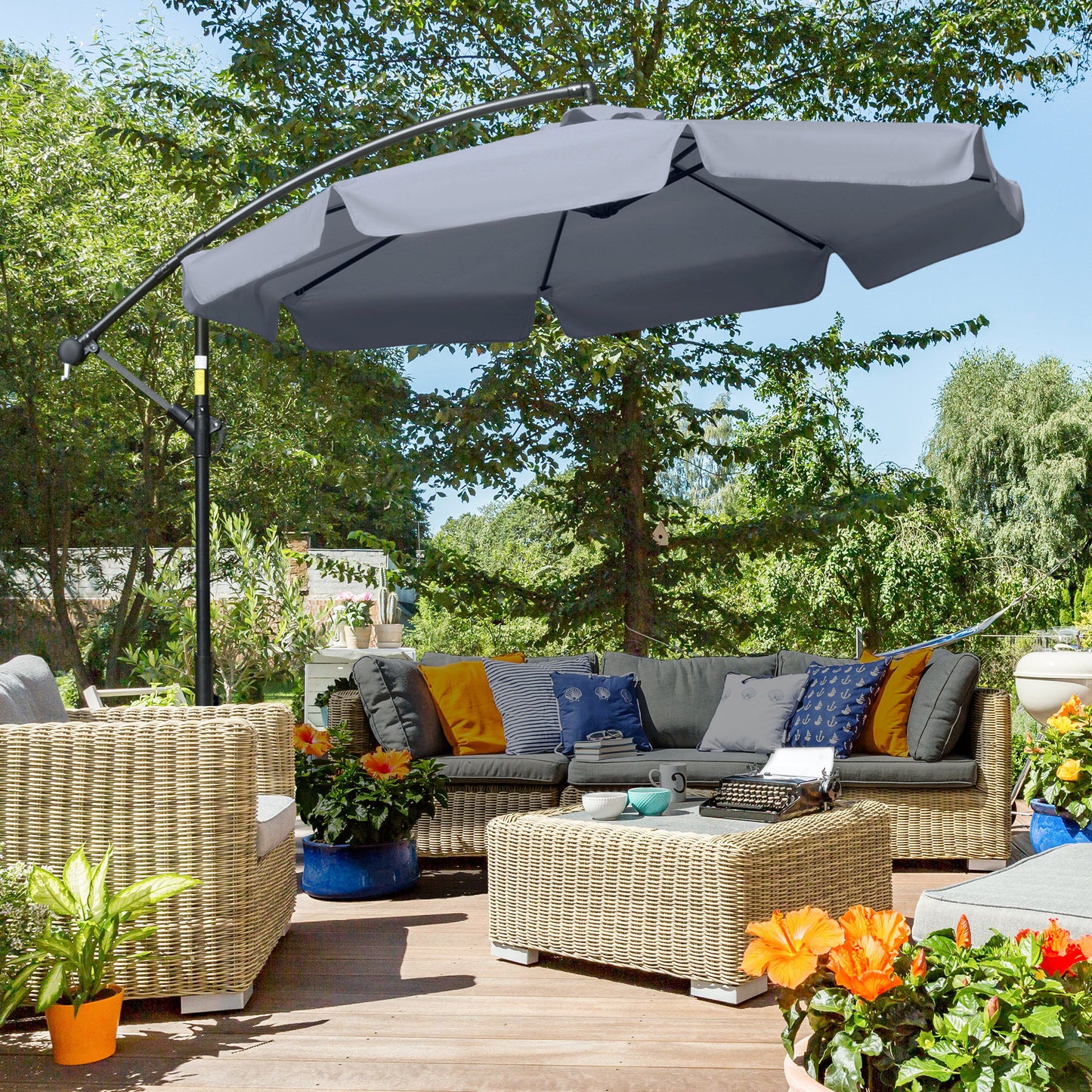 9FT Offset Hanging Patio Umbrella Cantilever Umbrella with Easy Tilt Adjustment, Cross Base and 8 Ribs for Backyard, Poolside, Lawn and Garden, Dark Grey