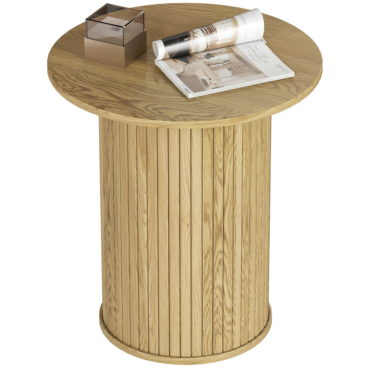 Round Side Table, Fluted Accent End Table, Narrow Nightstand for Small Spaces, Living Room, Oak