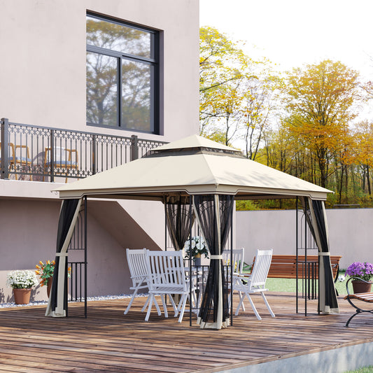 10'x10' Soft-top Patio Gazebo with Double Tier Roof, Mesh Curtains, Display Shelves, Top Hooks, Beige