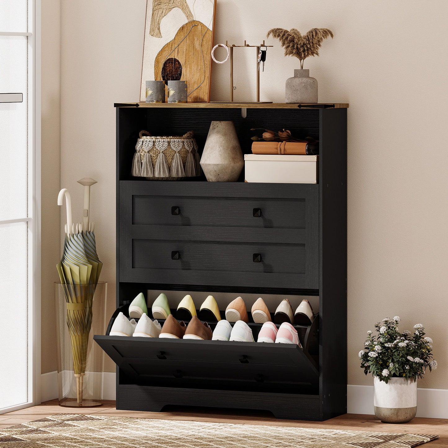 Shoe Cabinet with 2 Flip Drawers, Narrow Shoe Storage Cabinet, Black