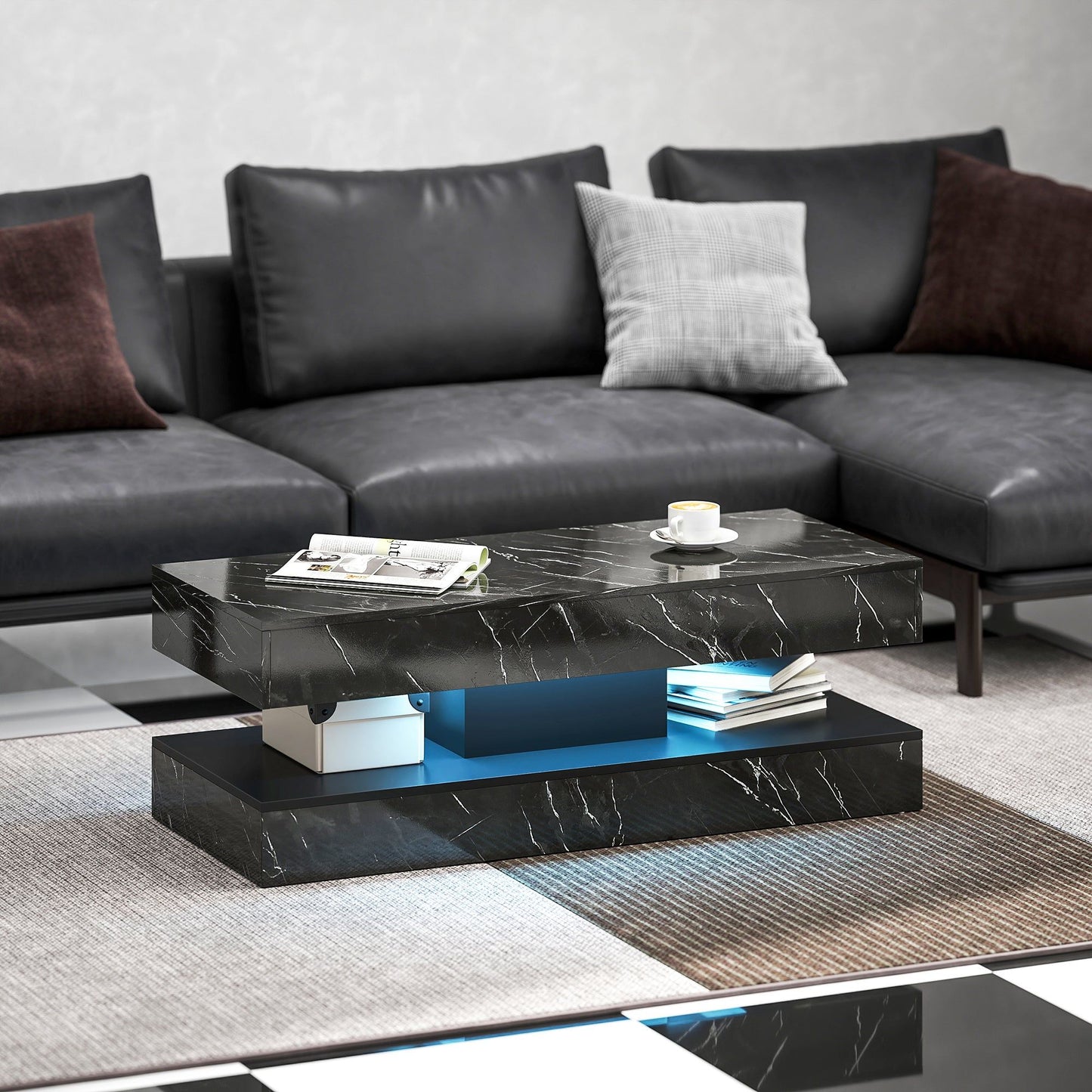 LED Coffee Table with 2 Drawers and Shelf - Marble-Effect Black