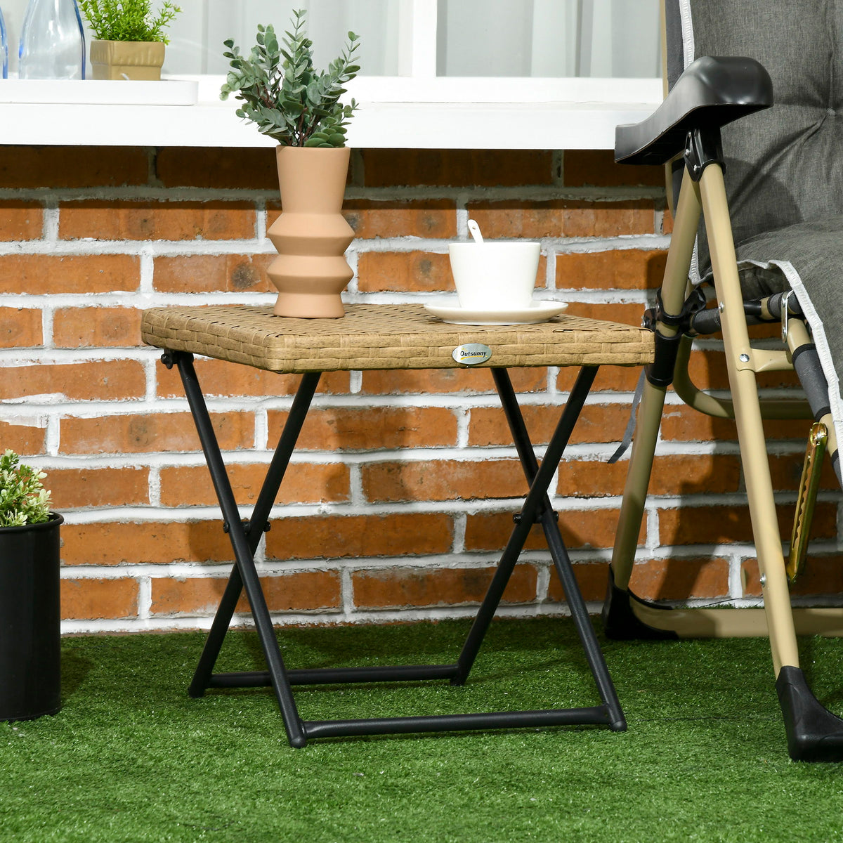 Patio Wicker Coffee Table, Outdoor PE Rattan Garden Folding Side Table, 15.75"x15.75"x15.75", Nature Wood