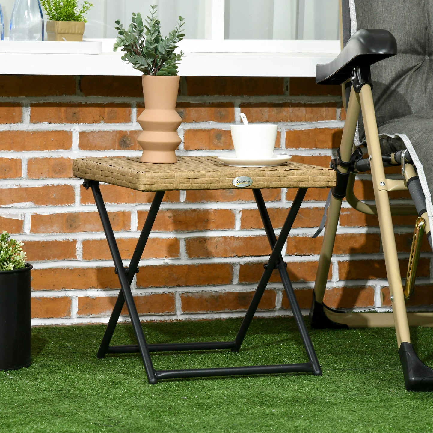 Patio Wicker Coffee Table, Outdoor PE Rattan Garden Folding Side Table, 15.75"x15.75"x15.75", Nature Wood