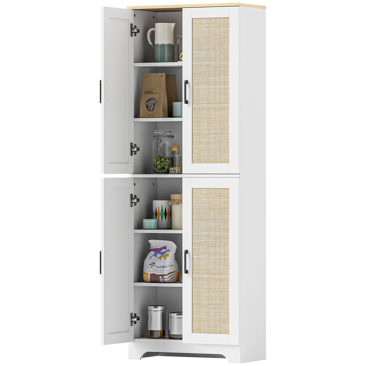 67" Tall Kitchen Pantry, Freestanding Kitchen Storage Cabinet with 4 Rattan Doors and Adjustable Shelves, White