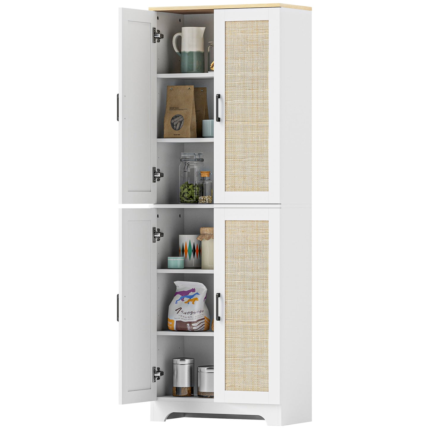 67" Tall Kitchen Pantry, Freestanding Kitchen Storage Cabinet with 4 Rattan Doors and Adjustable Shelves, White